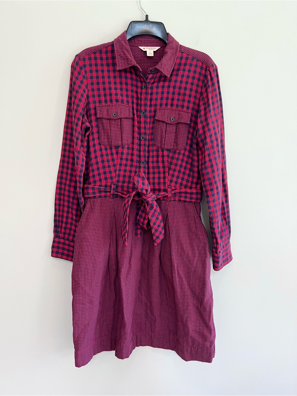 Brooks Brothers Plaid Flannel Cotton Long Sleeve Tie Waist Shirt Dress Pockets 6